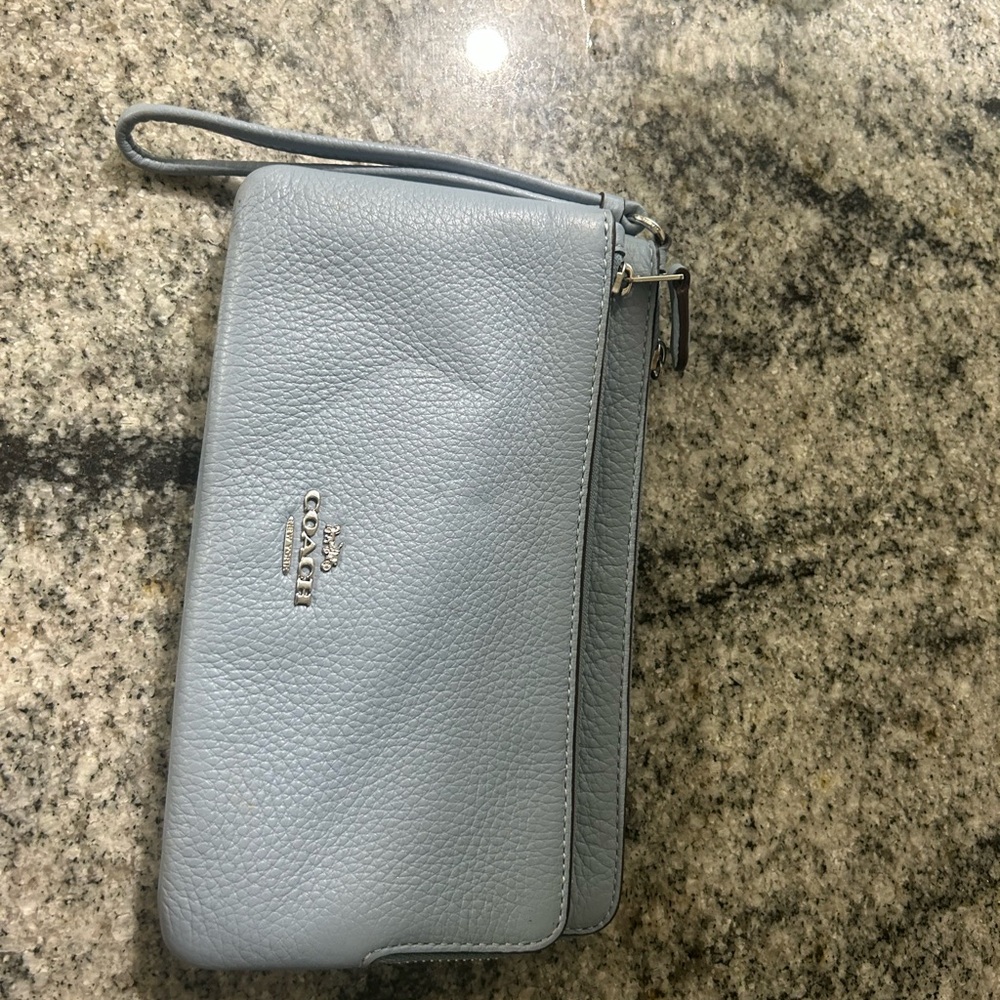 Coach Pale Blue Pebbled Leather Wristlet with Gold Logo